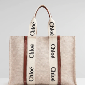 "WOODY" medium tote bag made of cotton canvas and shiny calfskin with "WOODY" ribbon